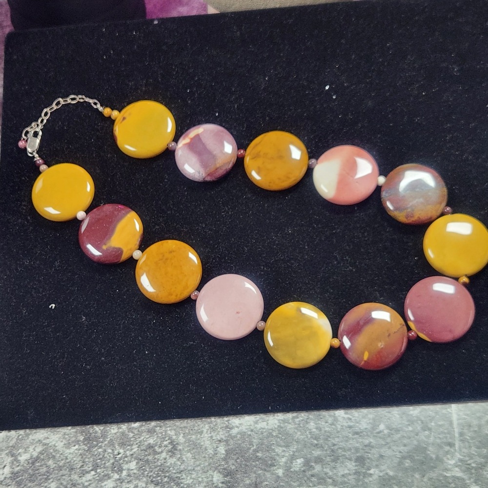 Chunky Disc Statement Necklace Yellow Burgundy Stone Boho